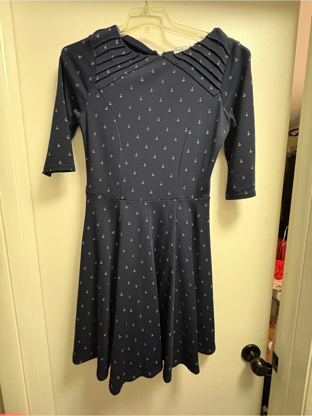 Unique Vintage Navy Anchor Print Long Sleeve Fit-and-Flare Dress